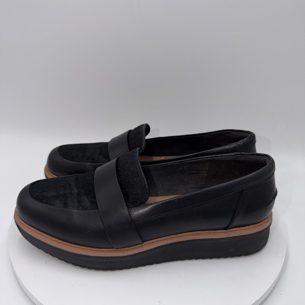 Clarks Shoes Womens 9 Teadale Elsa Black Loafers Platform Comfort Leather Fur